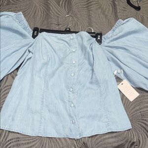 ELOQUII Light Blue Off-Shoulder Button-Up Top